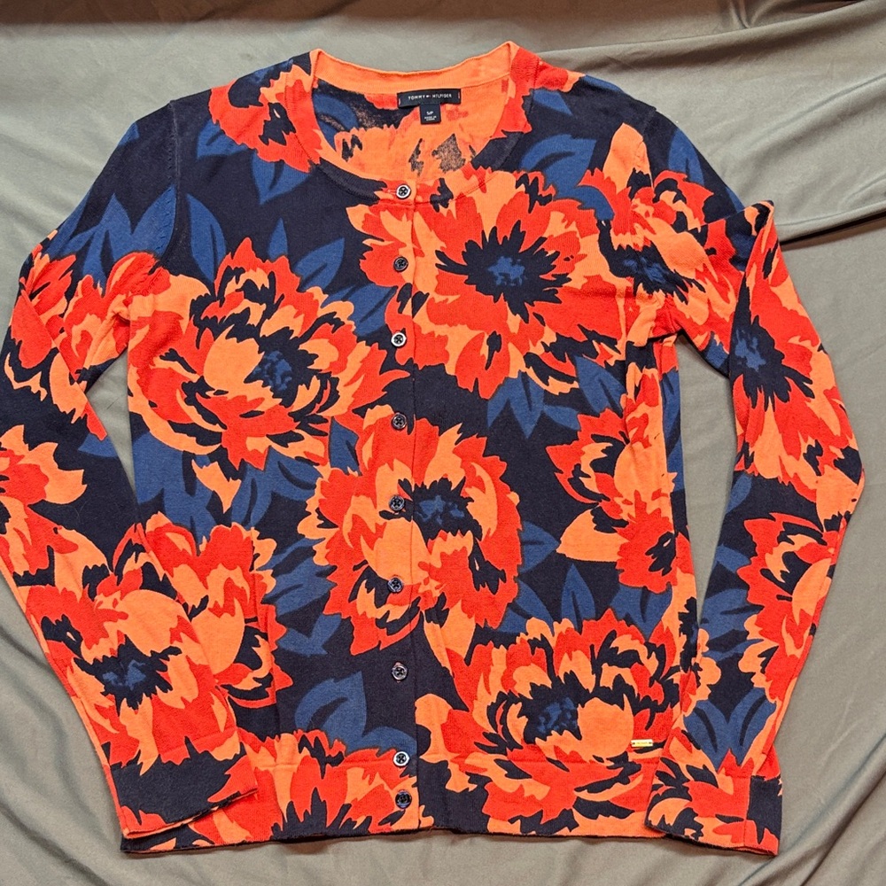 Tommy Hilfiger Exploded Floral Cardigan Navy & Coral Pink Retro Knit Cardigan